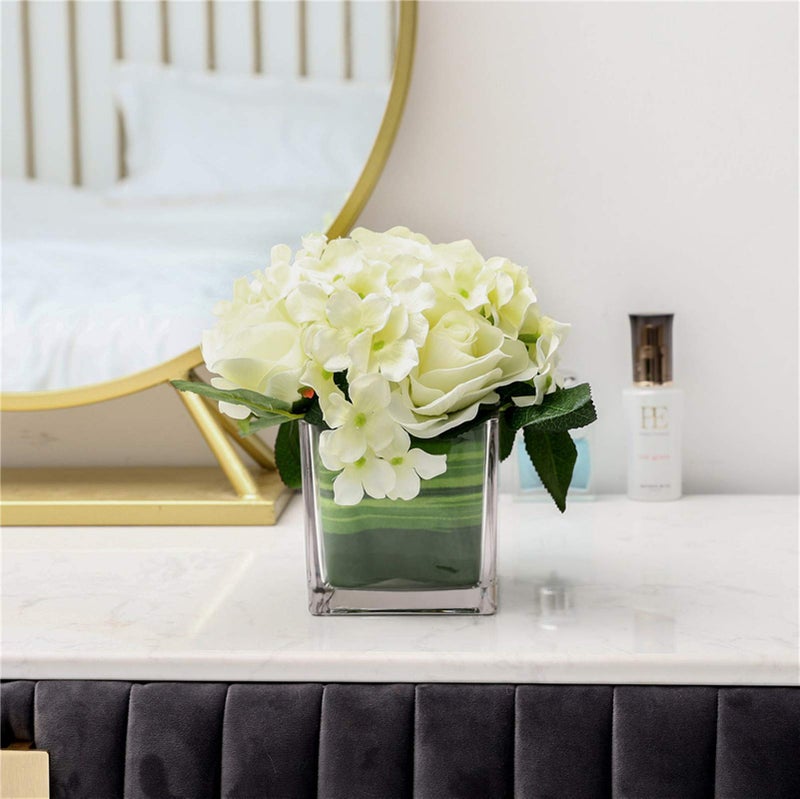 Fule Artificial Silk Rose Flower Centerpiece Arrangement in vase for Home Wedding Decoration (Spring White) - Image 4